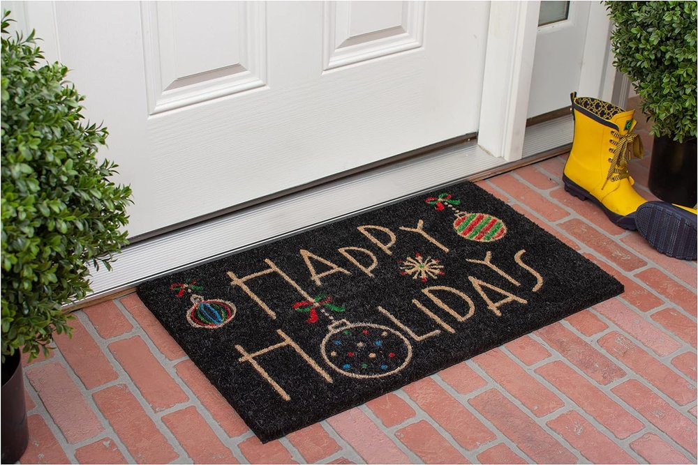 24" X 36" Black and Natural Coir Happy Holidays Outdoor Christmas Door